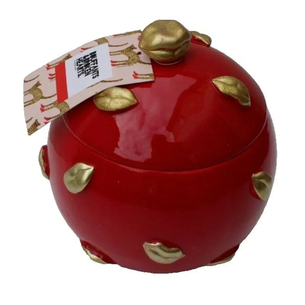 New Bouffants & Broken Hearts Red / Gold Valentine Kiss Lips Jar Trinket Dish